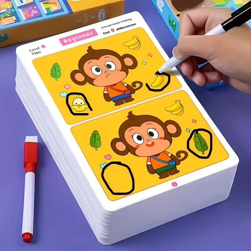 Interactive Spot The Difference Game, 64 Pages Educational Activity Book with 4 Pens & 2 Erasers, Educational Drawing Book for Youngsters, Drawing Tools, Diverse Illustrations, Engagement, Fun, Attention, Learning Skills, Cognitive Development