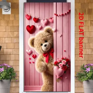 1PC Reusable 2D Flat Polyester Valentine's Day Door Decoration, Cute Love-Themed Curtain Hanging Cloth with Heart Print, Romantic Pink Heart-Flower Wall Banner for Indoor-Outdoor Birthday & Festival Use