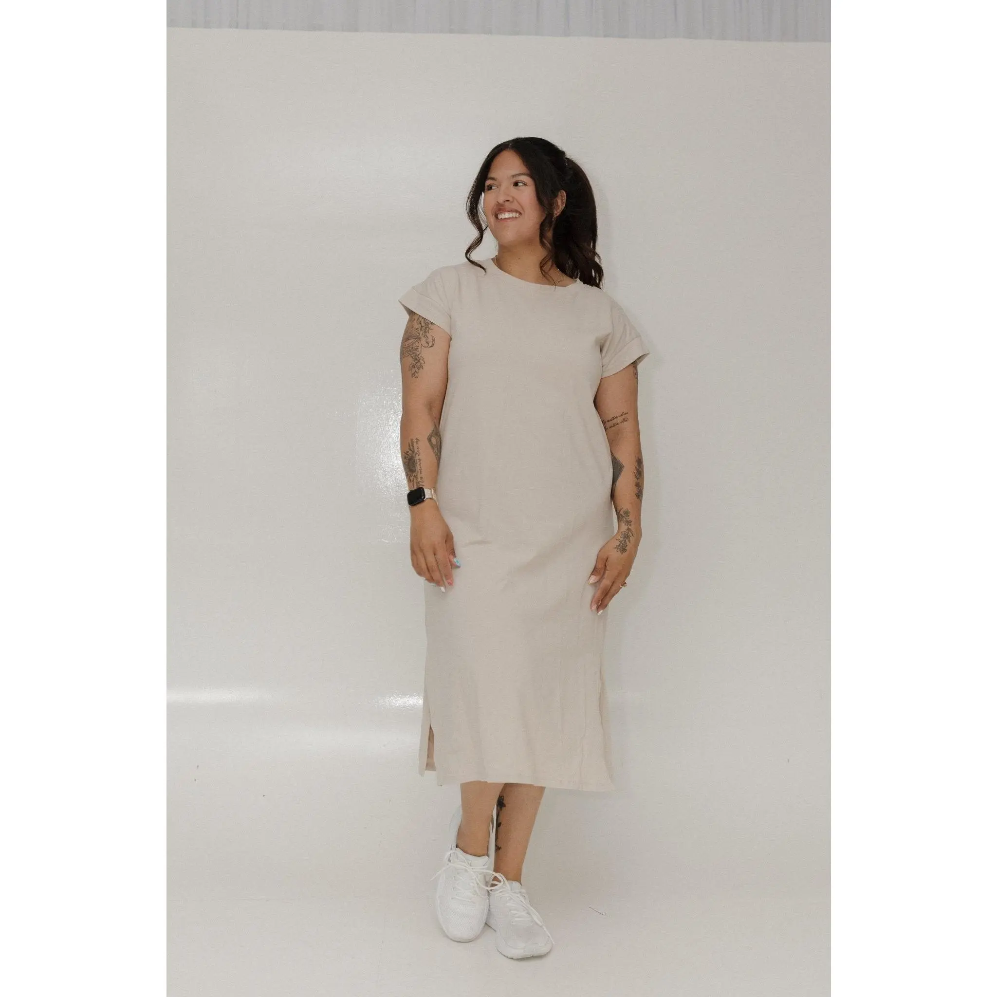 Women's Casual Chic Cotton Short-Sleeve Crew Neck Midi T-Shirt Dress - Breathable Easy Stretch Spandex Blend Clothes, Flattering Side Slit, Sand Color, Daily Wear, 1X/2X/3X Sizes, Slim Perfect Fit, Low Iron, Hand Wash Only