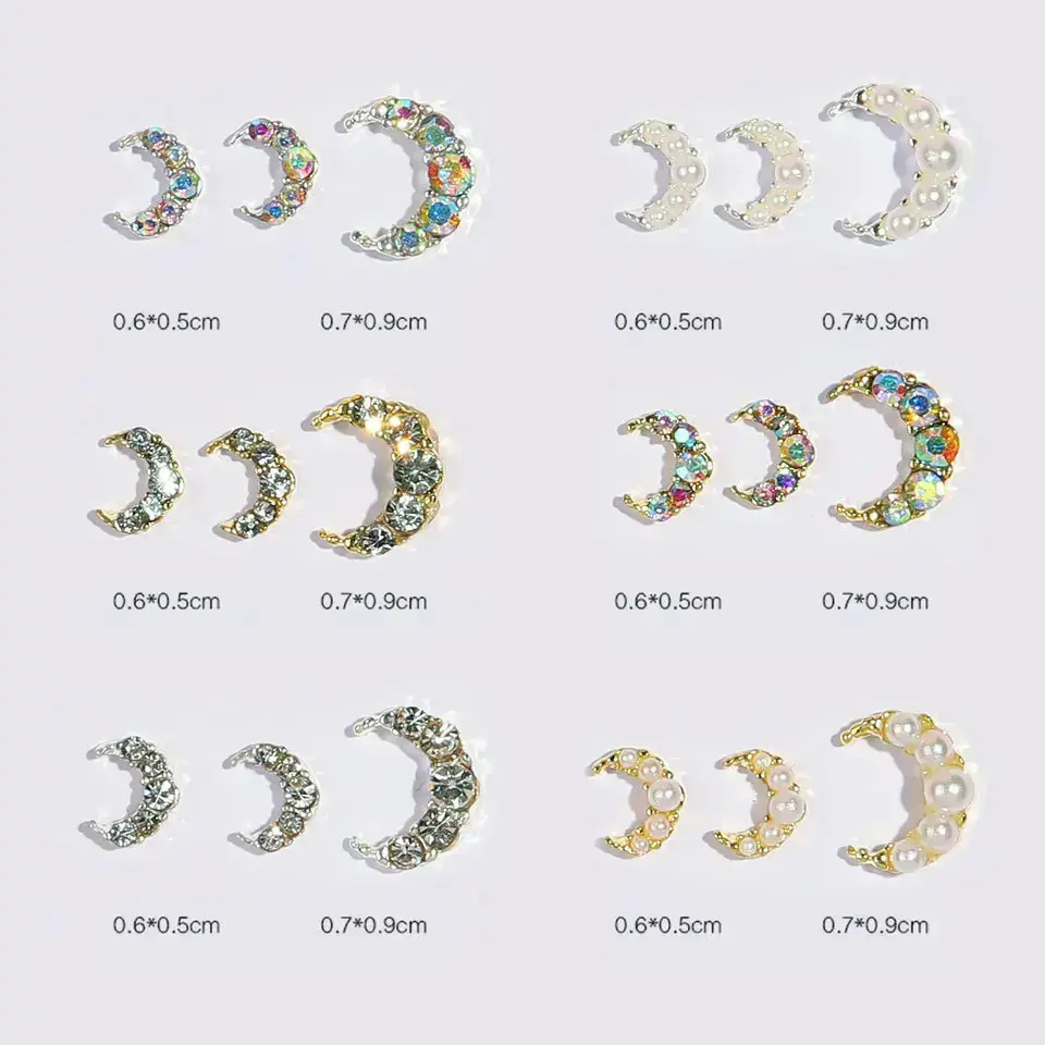 3D Rhinestone Alloy Half Moon Nail Charm 18 pcs/bag