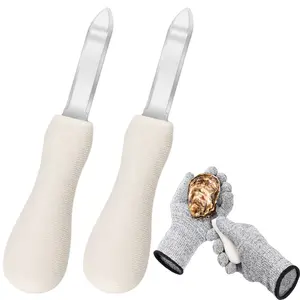 Oyster Shucking Knife Set – 2 Stainless Steel Seafood Openers with Ergonomic Handles – Includes Cut Resistant Gloves – Durable Kitchen Tool Kit