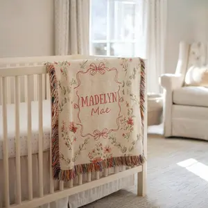 Personalized Floral Bow Blanket Cotton Woven Blanket Girl Nursery Decor Custom Baby Blanket Floral Baby Shower Baby Gift