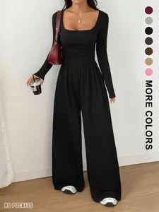 Women's Fall Winter Knit Fitted Wide Leg Jumpsuit, Casual Basic Fashion Plain Color Round Neck One-Piece, Versatile Long Sleeve Romper, Lady Womenswear