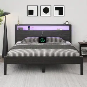 Bed Frame  LED Light, Industrial Platform Bed  Charging Station, 2-Tier Storage Headboard, No Box Spring Needed, Noise-Free, Strong Support Legs king size Twin Gingham Daybed with Trundle Full Double Floor Door Queen Canopy Nailhead Decoration