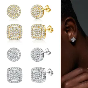 14K Gold Plated Cubic Zirconia Stud Earrings for Men Women, Hypoallergenic 925 Sterling Silver Post Earrings Set 2 Pairs — Iced Out Round & Square Studs