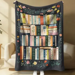 Bookish Floral Bookshelf Print Flannel Blanket, Aesthetic Botanical Warm Throw Blanket, Soft Cozy Nap Gift Blanket, Lightweight Decor Blanket for Couch Bed, All-Purpose Perfect Gift for Family and Friends