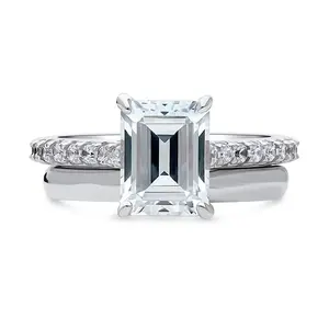 BERRICLE Sterling Silver Solitaire Engagement Rings Statement Stackable Band for Women, 2.6 Carat Emerald Cut Cubic Zirconia CZ Ring Set