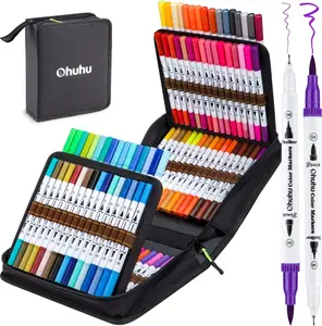 Ohuhu Maui 100-Color Brush Pens Dual Brush Fine Tip Drawing Pens Water-Based Coloring Markers for Calligraphy Bullet Journal with Carrying Case -Maui