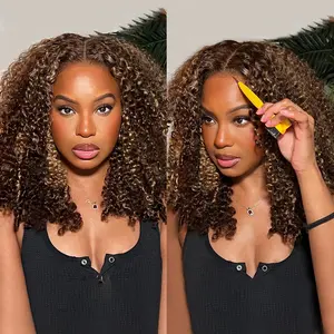 VSHOW Highlight Kinky Curly Glueless Human Hair Wigs 7x5 Pre-cut Lace Wigs for Women Beginners Friendly 180% Density