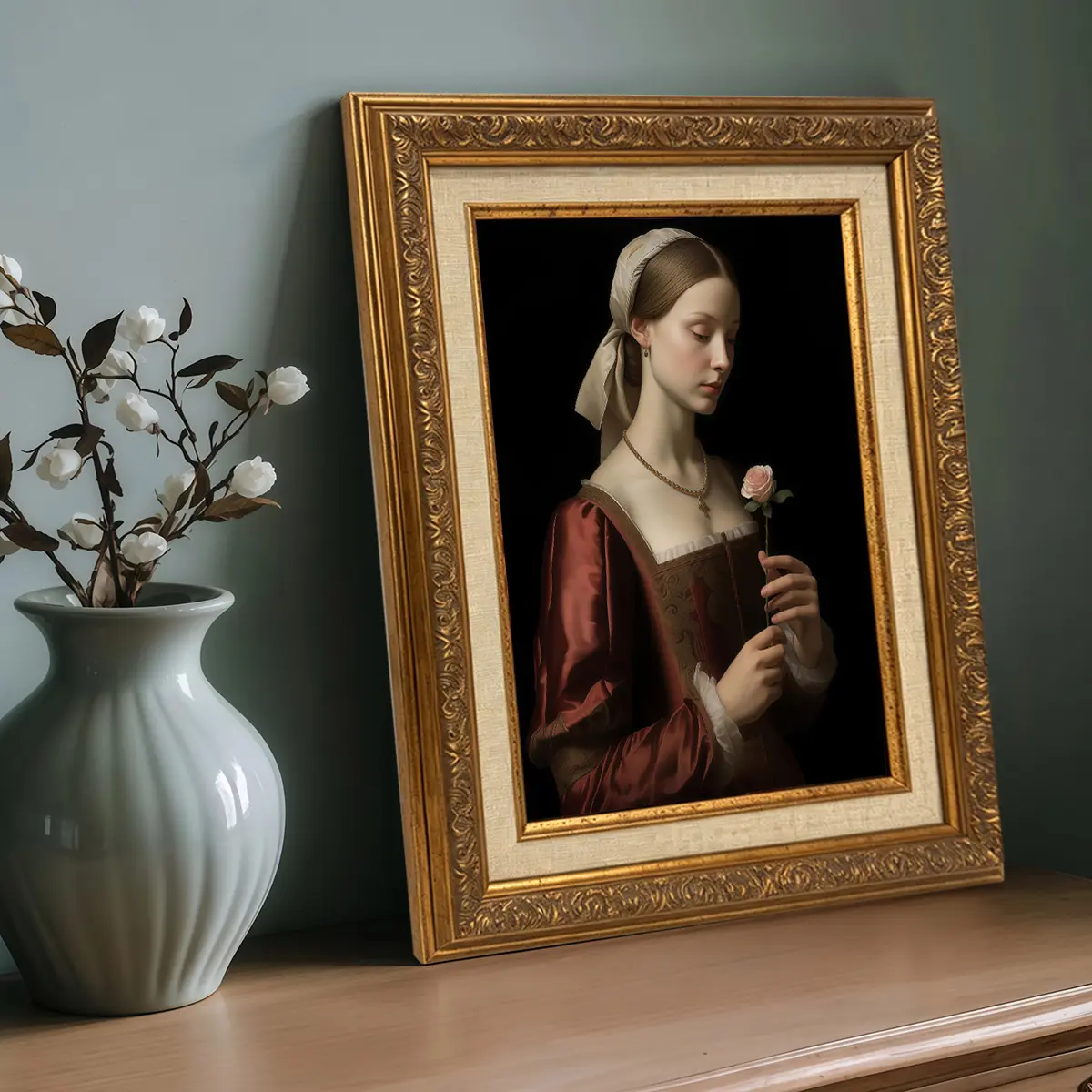 1 Count Vintage Gold Frame Canvas， Exquisite Vintage Painting Lady In Red Renaissance Dress Holding A Pink Rose， Luxury Art， Fashion Decor， Suitable for Room Bedroom、Living Room、Home Corridor Wall Art， Gifts