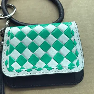Turquoise and White Check Card Holder with Wristlet Ring Leather - Stylish and Functional Accessory for Everyday Use