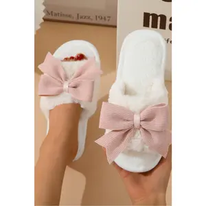White Bow Knot Decor Open Toe Plush Slippers