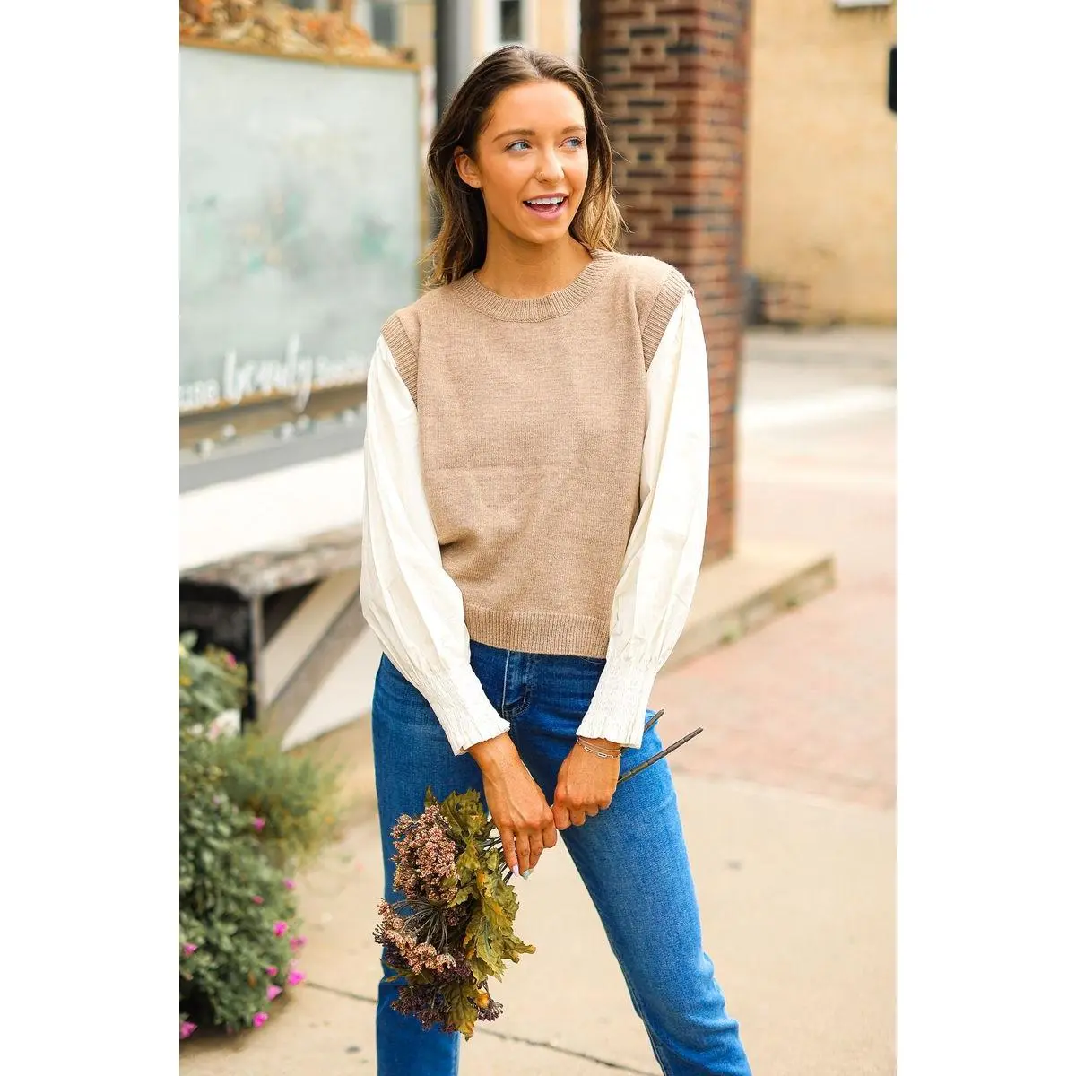 Tan Sweater Vest with Cream Sleeves