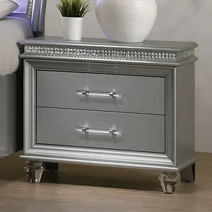 Classic Silver1pc Nightstand Only Contemporary Solid wood 2-Drawers Felt-lined Top English Dovetail Acrylic Legs and Pull Handle