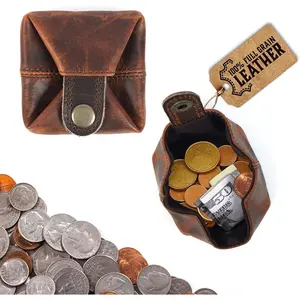 Leather Coin Pouch - Compact Change Holder and Mini Pocket Wallet for Men & Women (Brown)