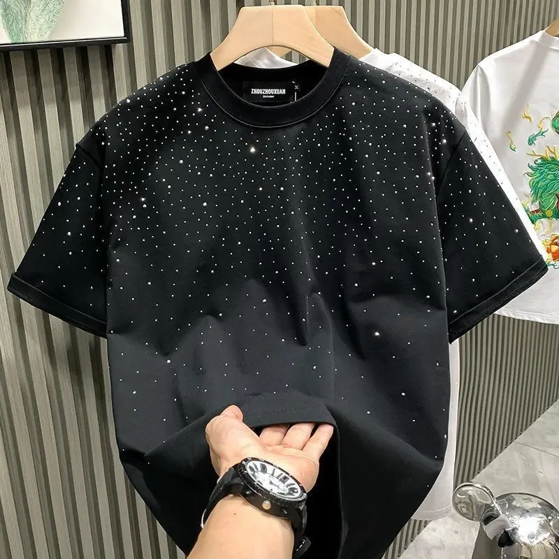 Men's Korean Cotton Rhinestone Print T-Shirt - Casual Short Sleeve Round Neck Streetwear Top
