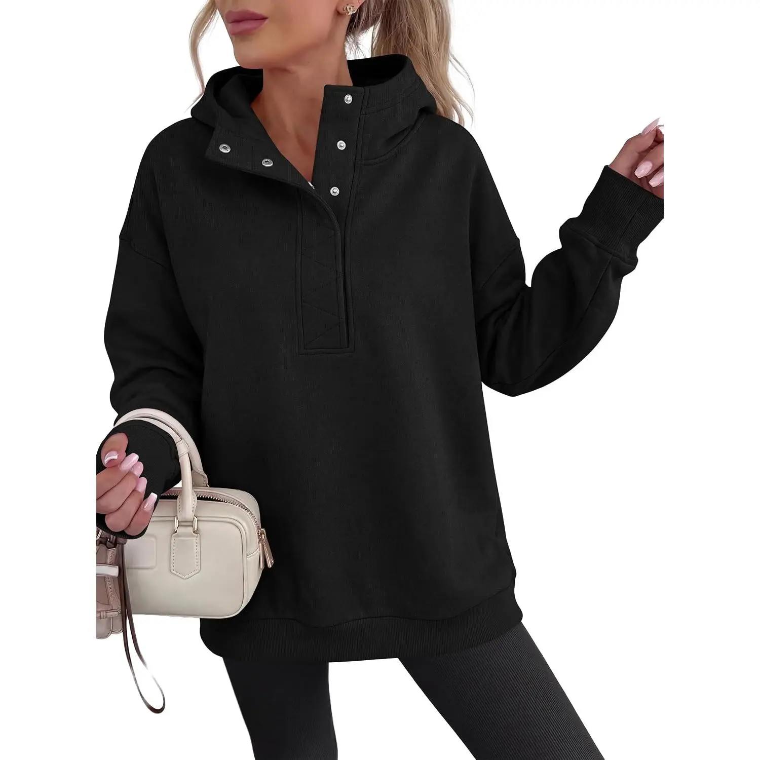 ANRABESS Women's Long Sleeve Henley Oversized Hoodie | Lightweight Fleece Sweatshirt, Loose Fit Button Pullover Shirt, Soft Casual for Everyday, School, Office, Fall & Spring