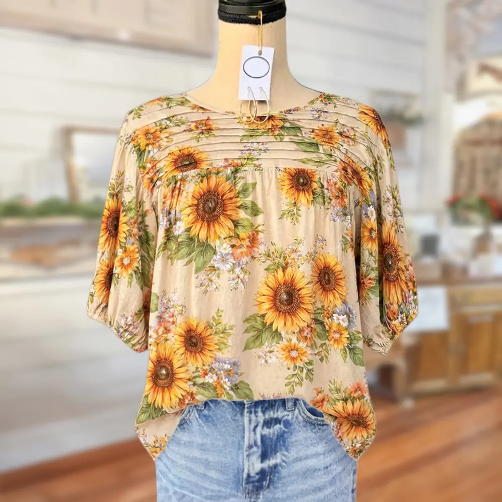 Sage Vell Women Sunflower Print Puff Sleeve Blouse Casual Loose Fit Tie Back Pleated Front Shirt Vintage Floral Boho Top Breathable Tunic for Daily Vacation Beach Office Ladies Elegant Country Western Blouse