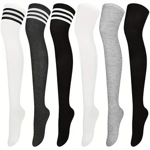 Women's 6-Pair Striped Cotton Socks Set, Knee-Length Solid Color Mixed Stockings, 1-Size