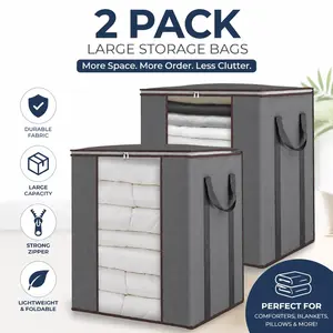Grey 2-Pack 120L Blanket Storage Bags, Extra Large Comforter Organiser Containers with Reinforced Handles, Breathable Dustproof Fabric for Bedding, Pillows, Clothes, Space-Saving for Closet, Under Bed, Grey(2Pcs)