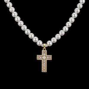 Sparkling Diamond Cross Pendant,，Pearl Necklace with 0.6cm Pearls, 60cm Long,  Elegant Strand with Secure Lobster Clasp, Perfect for Everyday & Formal Occasions, Must-Have Versatile Jewelry