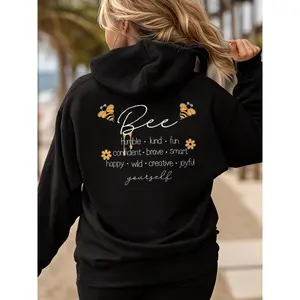 Bee Happy Kind Brave Humble Smart Positive Bumblebee Print Women's Hooded Long Sleeve Hoodie Cozy Graphic Printed Streetwear Fashion Gift