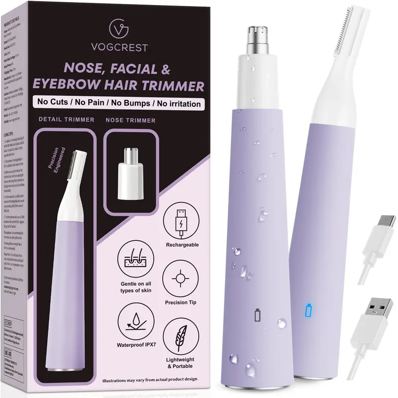 VG VOGCREST Women's 2-in-1 Cordless Rechargeable Electric Shaver-Nose Hair Trimmer, Pain-Free, Waterproof, Lightweight, Shower-Safe Personal Care Appliance with Rechargeable Battery, All Hair Types, 1× Cleaning Brush, Batteries Packed Separately