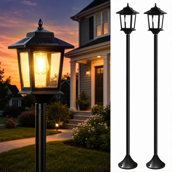 [Two Pack] PASAMIC 63" Solar Lamp Post Lights, Waterproof Outdoor Pole Lights for Patio, Garden, Yard, Pathway, Front & Back Door, Warm White with Replaceable Bulbs, #dealsforyoudays