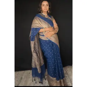 Greenish Blue Banarasi Saree Pure Khaddi Georgette with Antique Zari