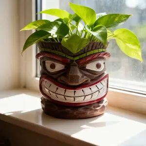 Novelty Tiki Head Resin Planter Pot with Drainage Hole, Cute Easter Island Style Succulent Pot, Funny Face Flower Pot & Pen Holder, Unique Home Decor, Birthday Gift for Friends