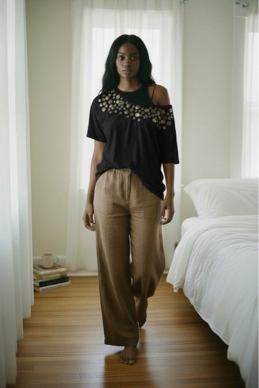 Ladies SS Off-Shoulder Embellished Tee with Elegant Beading and Comfortable Fit for Everyday Wear