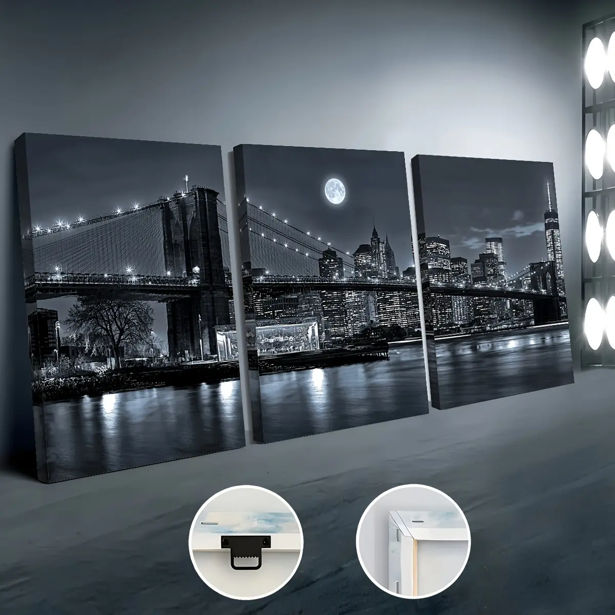 3 Framed High-Definition Modern Canvas Paintings - City Night View Bridge Urban Wall Arts, Ready-to-Hang Home Decor - Ideal Gift for Living Room, Bedroom