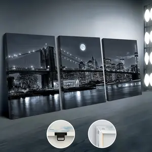 High Definition Print 3 Framed Canvas Paintings - Ready to Hang City Scenery Night View Bridge Wall Art - Ideal Gift for Living Room, Bedroom, Dining Room, Office Decoration