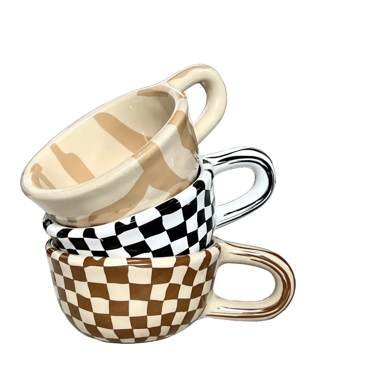 Unique Checkered Black Geometric Ceramic Coffee Cup - Durable Kitchen Drinkware, Breakfast Latte Mug, Summer Milk Cup, Gift Giving Option for Mother's Day, Birthday Gift Ideas for Girlfriend