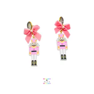 Pastel Pink Coquette Bow Nutcracker Earrings / Christmas Holographic Earrings / Holiday Iridescent Nutcracker Earrings