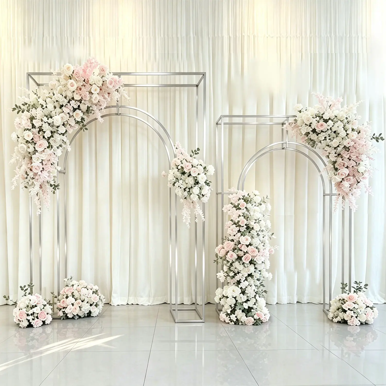 Silver Metal Arc de Triomphe Wedding Arch Frame (8.6ft & 7.2ft) - Modern Geometric Backdrop Stand for Floral Arrangements, Balloon Garlands & Luxury Event Decor