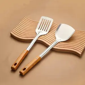 Two-Piece Stainless Steel Cooking Set, Thickened Heat-Resistant Wooden Handle Spatula, Home & Commercial Kitchen Tools, Perfect for Frying and Grilling