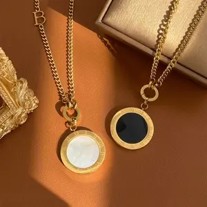 Women's Gold-Tone Round Roman Numeral Pendant Long Necklace - Black Acrylic or White Shell Center Sweater Chain Costume Jewelry Gift