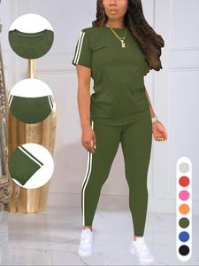 women's side striped tee & pants set, casual round neck short sleeve t-shirt & trousers, ladies summer shortsleeve clothes, women's clothing, womenswear, casual matching set