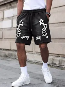 Starry Sky Star Print Drawstring Casual Shorts Men, Y2K Streetwear Black White Graphic Frayed Hem Sweat Shorts, Ripped Hem Shorts, Summer Loose Fit Star Print Athletic Shorts, For Daily Wear, Street Style, Men's Retro Streetwear