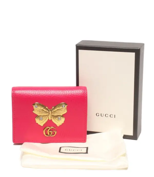 Pre-owned GUCCI Calfskin Small Leather Goods Fuchsia Grain Leather Crystal Butterfly Interlocking GG Short Wallet J8070710