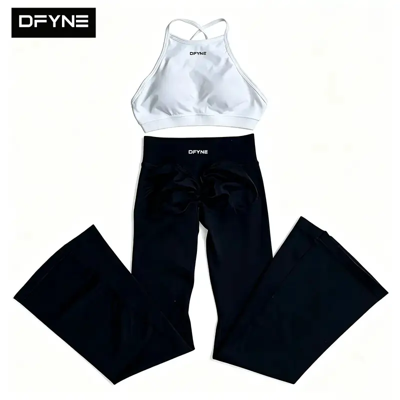 DFYNE Women’s High Waisted Seamless Knit Flare Yoga Pants - Ruched Bootcut Leggings, Tummy Control Butt Lifting Athleisure Workout Trousers, Breathable Naked Feel Activewear Pants for Pilates