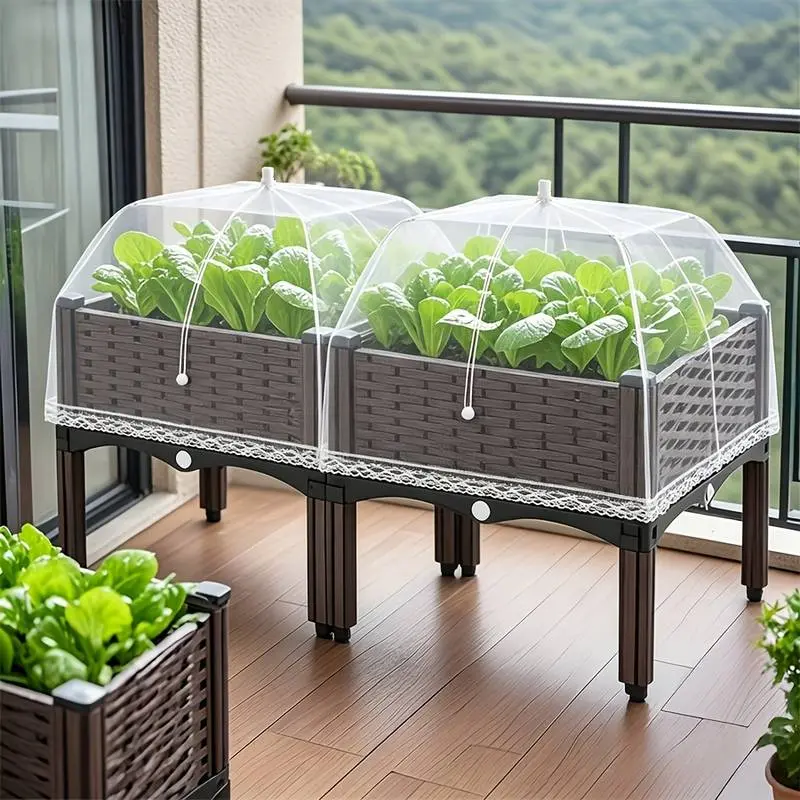 2-Piece Raised Rectangular Planters with Insect Netting, Durable Plastic Planters for Outdoor Plants, Suitable for Home Gardens & Courtyards Vegetables, Herbs, Flowers Growing