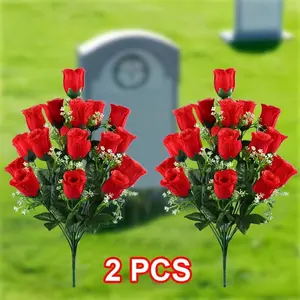 2 sets of elegant 18-petal artificial red rose bouquets - durable and realistic plastic roses, suitable for tabletops, weddings, Memorial Day, Easter, Mother's Day, Thanksgiving, cemetery decoration - no electricity required, Memorial Day decoration | Ele