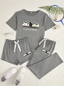 Cute Sheep Three-Piece Set, Cartoon Pattern, Round Neck, Loose-Fitting Casual Home Wear, All-Season Comfortable, Perfect for Daily Use