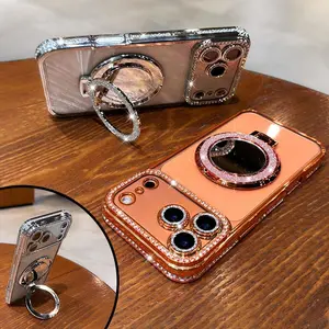 Women's Phone Case with Mirror & Stand for iPhone 15/16/17 Pro Max, 17Air, 15/16 Plus Shiny Frame High-Definition Transparent Material Full-Body Drop-Resistant Design