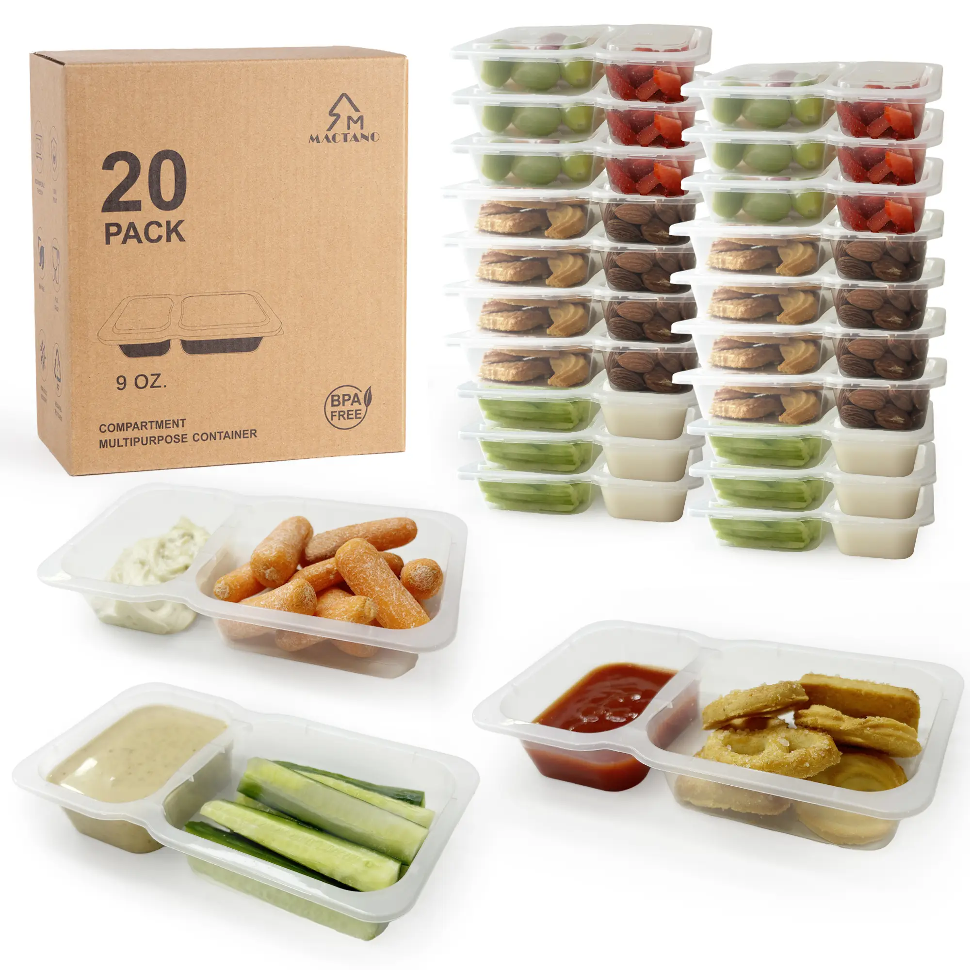 MACTANO Bigger Snack Container Reusable Snack Box with Lid, BPA-Free Double Compartment Plastic Container for Sauce Storage Bento Box Kitchen Utensils