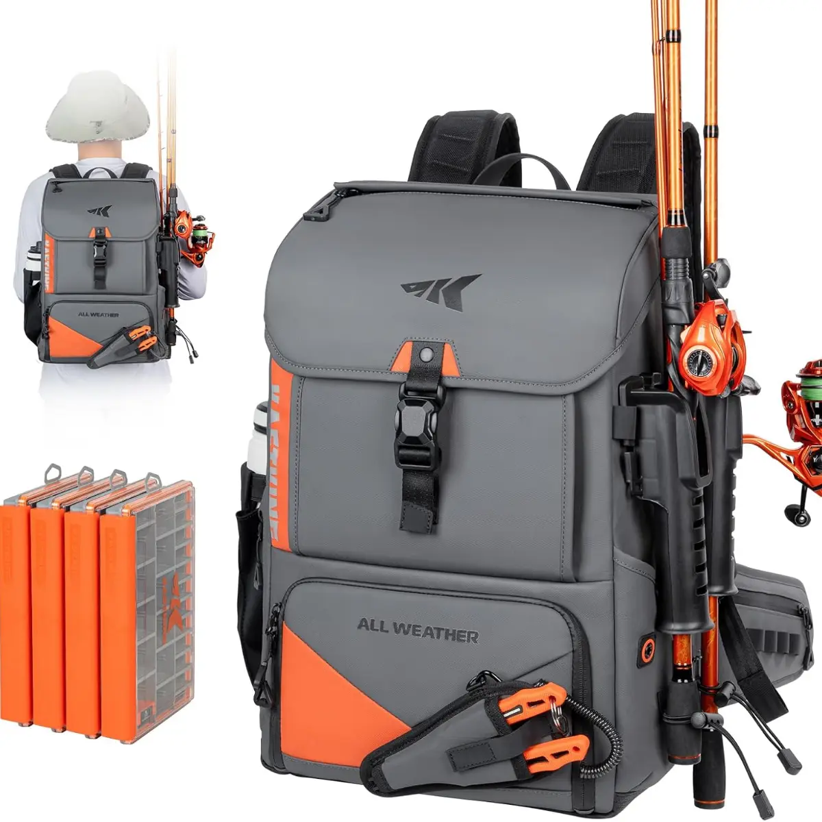 KastKing All Weather Fishing Tackle Backpack with 4 Waterproof Tackle Boxes & Removable Rod Holders,Waterproof ArmorShield Fabric Fishing Bag Storage Fishing Gear