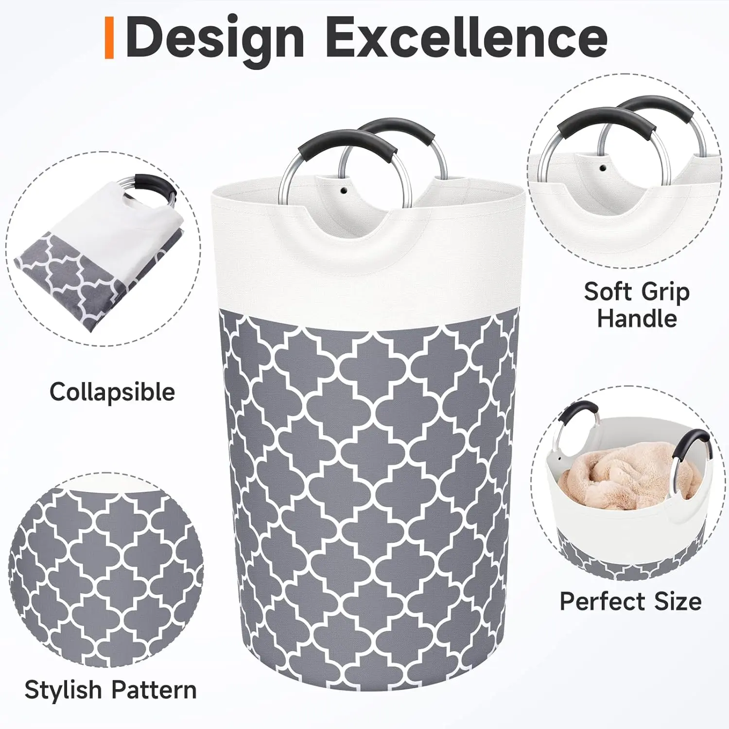 High-Capacity Sturdy Fabric & Aluminum Waterproof Modern Collapsible Large Round Laundry Basket with Handles - Tall Washing Bin for College Dorms, Various Room Types, Home Supplies Laundry Tool Accessory, Bag, Bathroom