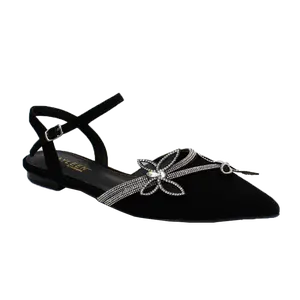 Lady flats closed toe rhinestone embellish butterfly design point toe ankle strap with buckle flat heel